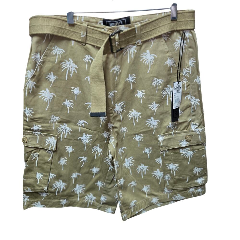 Brooklyn Xpress Belted Cargo Shorts NWT Mens 34 Khaki Palm Tree Print